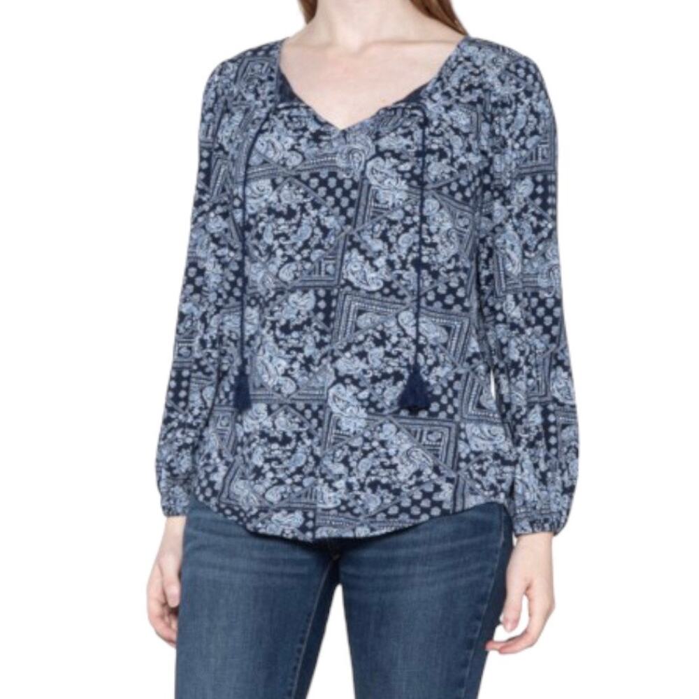 Lucky Brand Notch Neck Printed Knit Peasant Top Long Sleeve Blue Size Medium